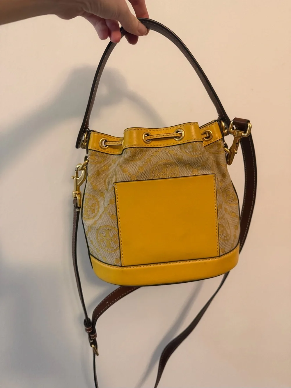 Tory Burch Yellow Logo Bucket Shoulder Bag with Brown Strap